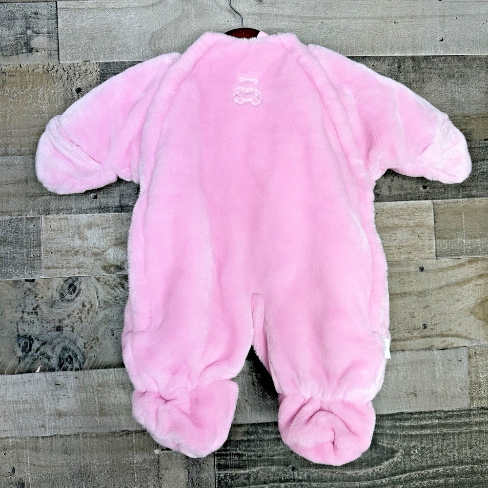 Little Me Infants Pink Plush Snowsuit Size 3/6 Months Bear Ears Hooded Faux Fur